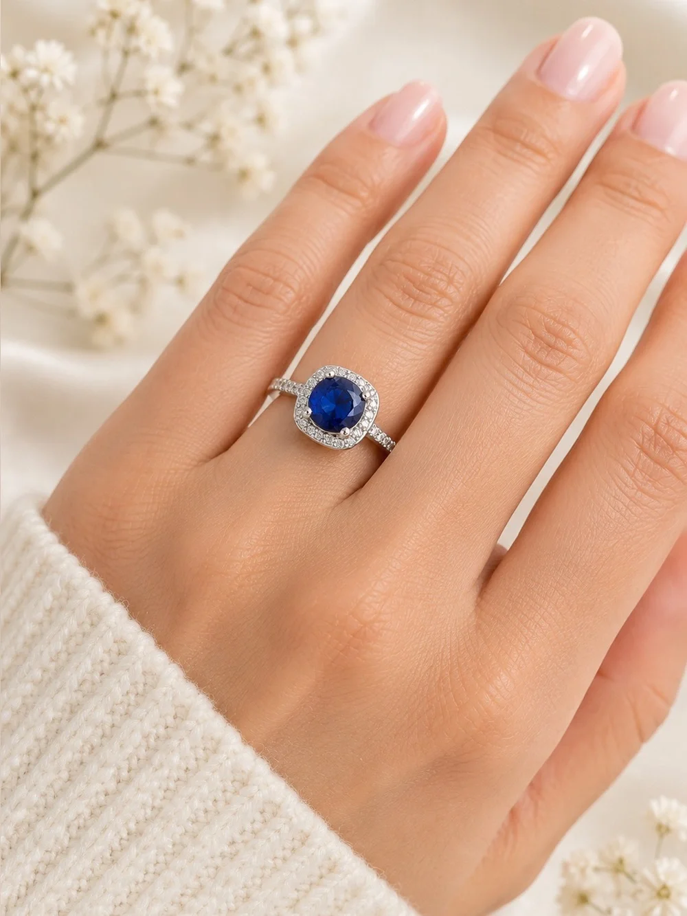 Blue and White CZ Silvertone Halo Ring Size 9.5 – 0.91 Ctw Sapphire Blue Ring